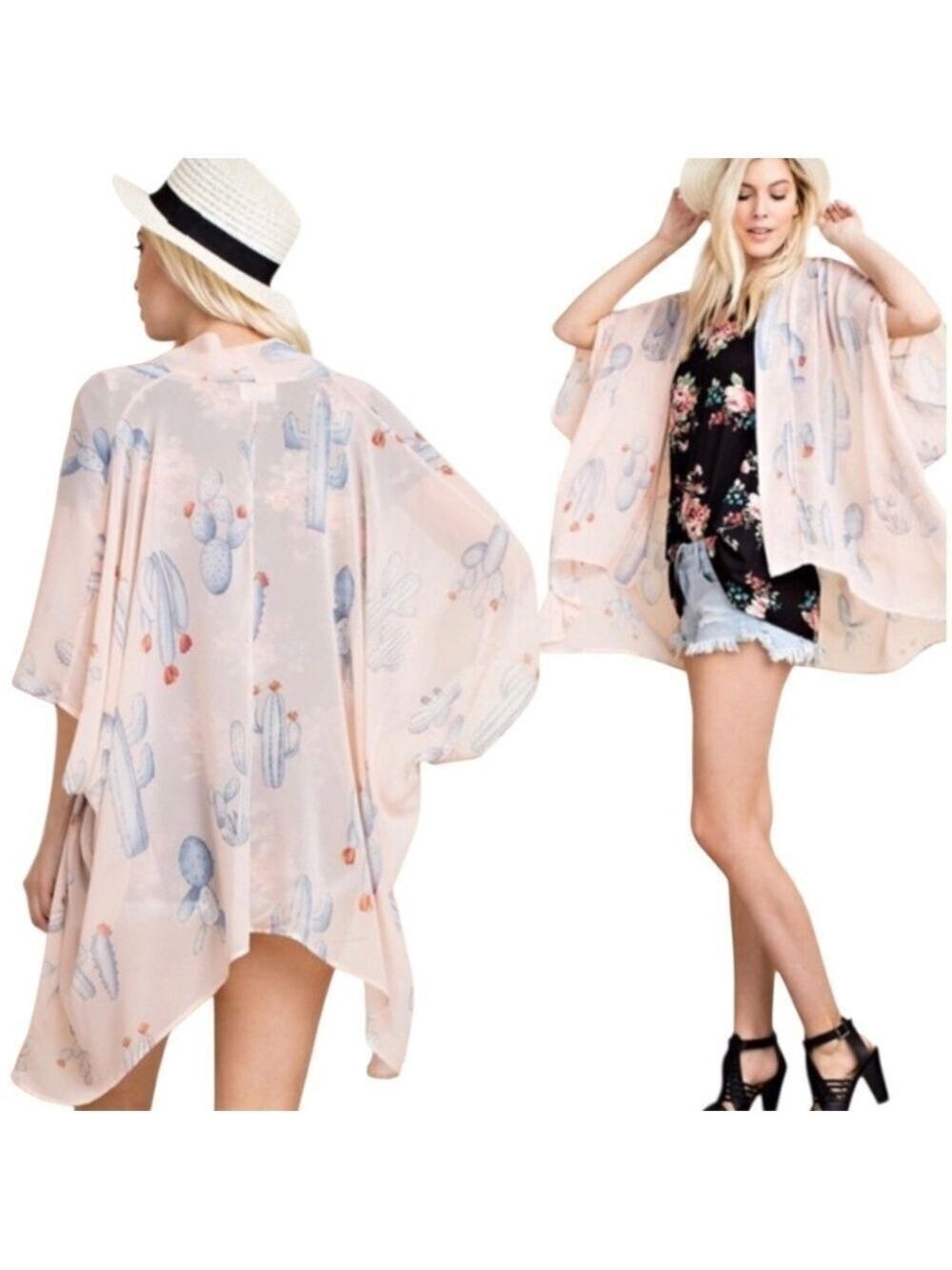 143 STORY x LINE UP Poly Chiffon Cactus Print Poncho / Cover Up / Cardigan O/S